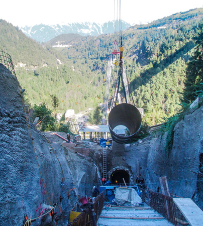 In 2016, construction of the headrace penstock at the 18-MW Krafthaus Obere Sill project in Austria necessitated 2.5-m-diameter pipe sections be installed on a 45-degree slope in the Alps. (View video at http://bcove.video/2oCOgV0)