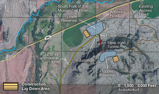 This project overview drawing indicates the location of major facilities within the proposed hydropower scheme.