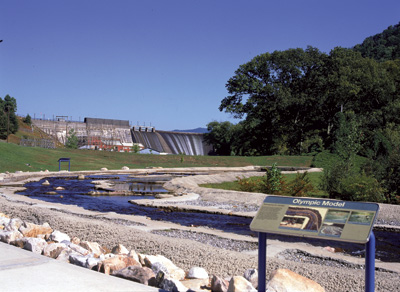 A working scale model of the 1996 Atlanta Olympic Games whitewater course built upstream in the Ocoee River sits below Ocoee Dam No. 1. The model allowed designers to plan placement of manmade elements in the riverbed.